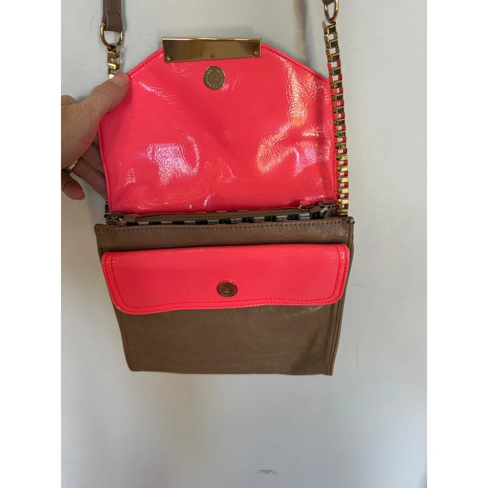 Gianni Bini Brown Crossbody Bag Neon Pink Accent Snakeskin Flap Gold Chain Strap